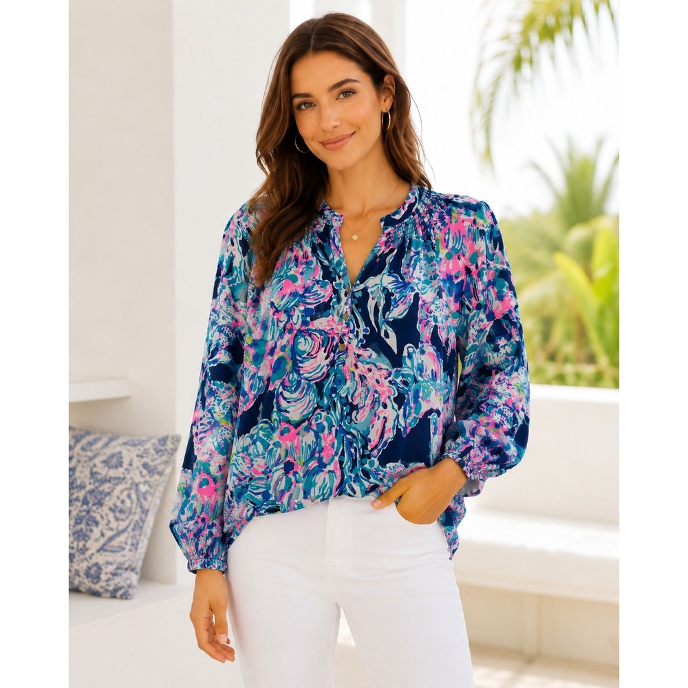 Lilly Pulitzer Elsa Silk Blouse Floral Pink Blue Top Womens Small Coastal Resort